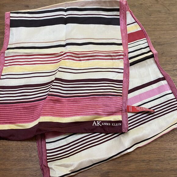 Vintage ANNE KLEIN 100% Silk Scarf Pinks Cream Nude Stripe Rectangle Elegant Y2K - Picture 9 of 9